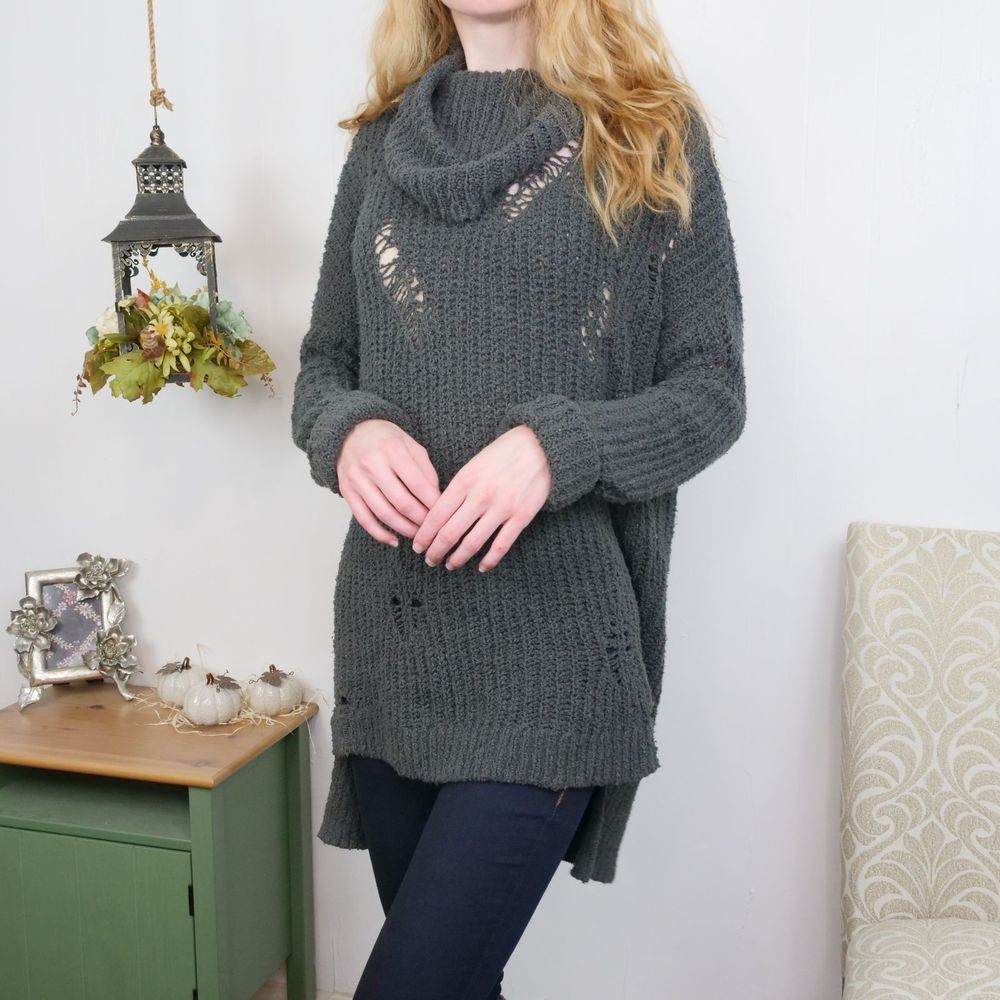 Express Plush Cowl Neck Distressed Tunic Sweater M